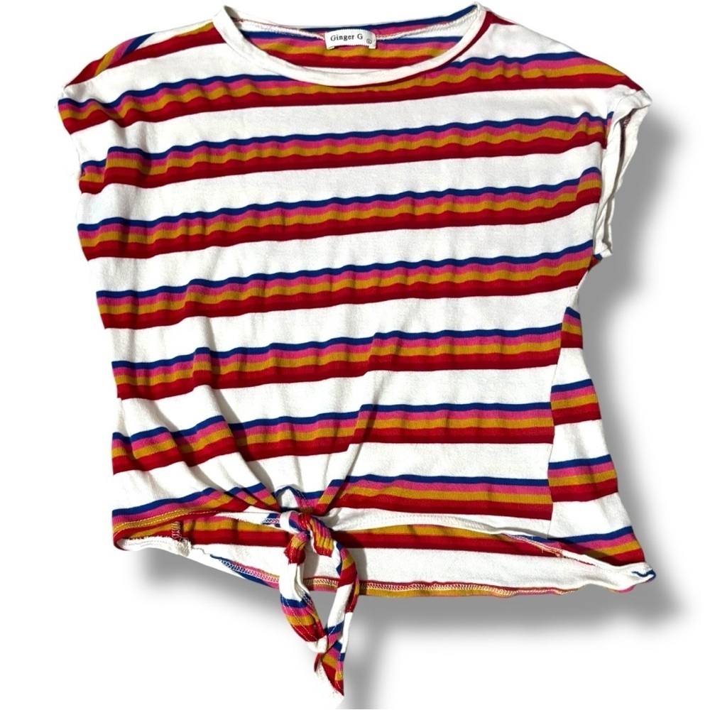 Ginger G Red/White Multicolor Dolman Sleeve Tie Front Crewneck Cropped Tee - Picture 7 of 15
